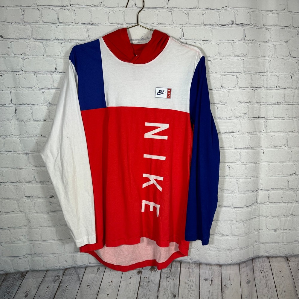 Nike Air Mens Colorblock Long Sleeve Hooded T-Shirt Red White Blue Medium